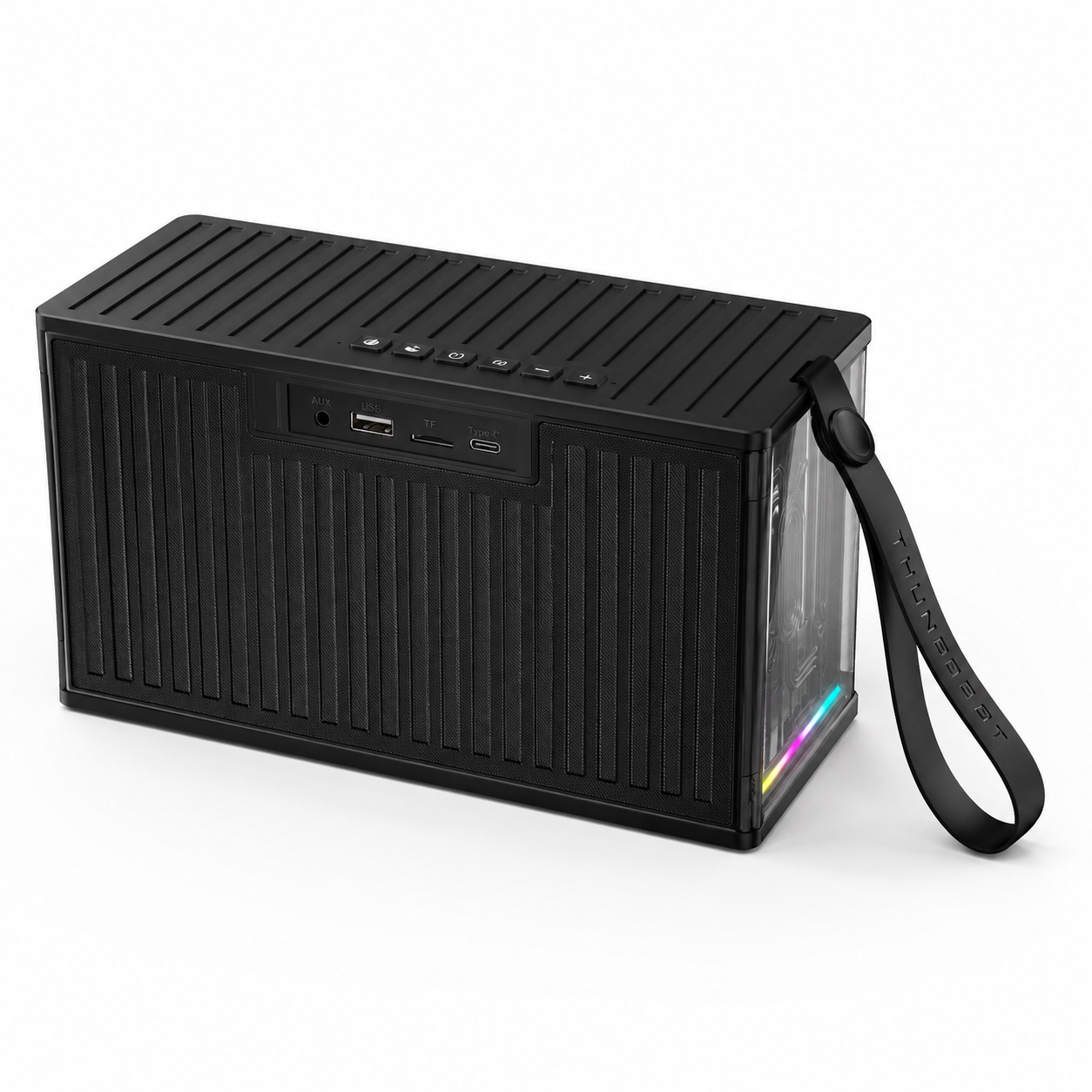 BH-101 black Bluetooth speaker rear view with ports and top controls