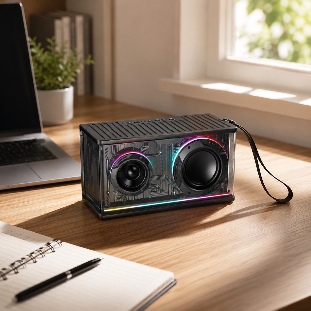 BH-101 black Bluetooth speaker on desk near laptop for lifestyle product content