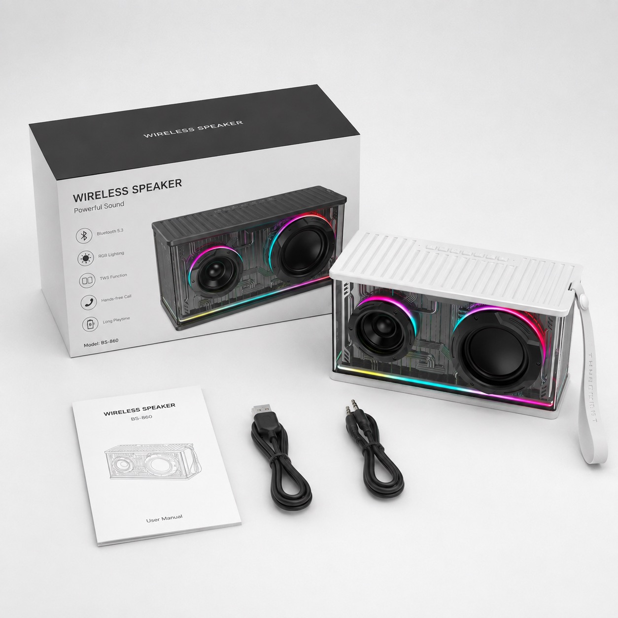 BH-101 Bluetooth speaker packaging and accessory reference