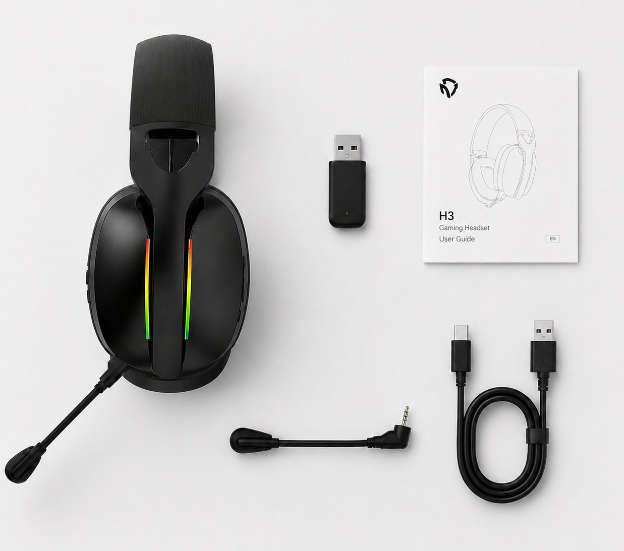 G935 headset accessory flatlay with receiver, charging cable, microphone and user guide