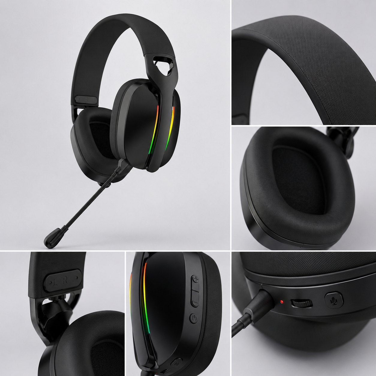 G935 wireless gaming headset comfort, headband, ear cushion and controls detail collage