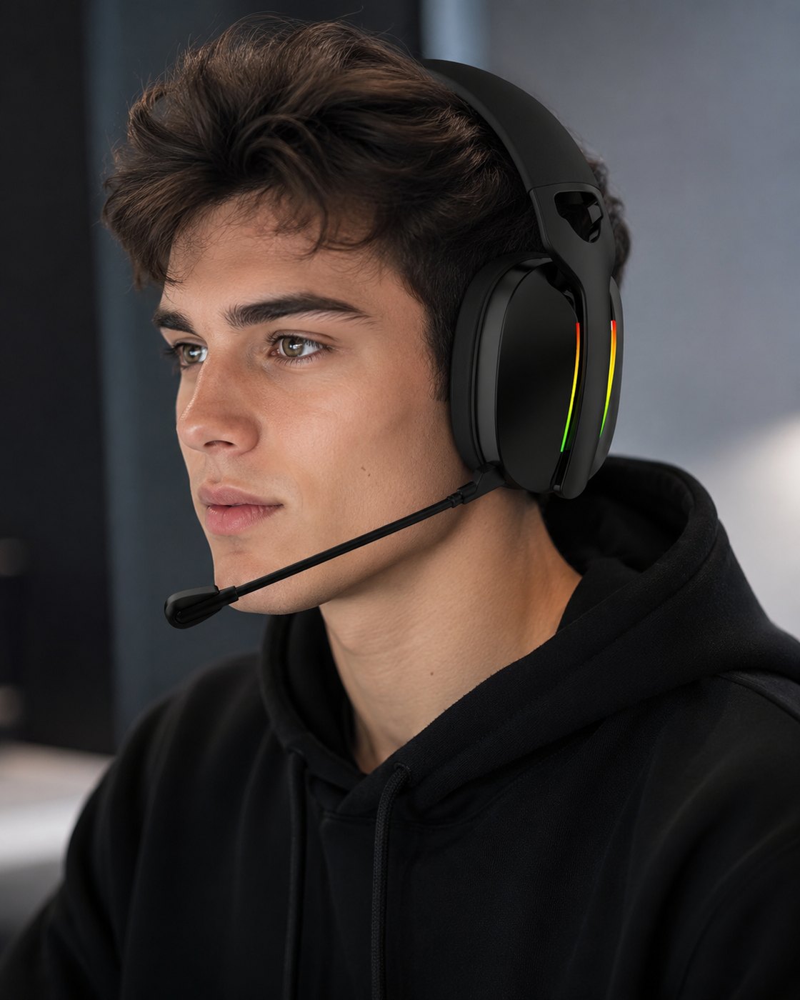 G935 wireless gaming headset wearing fit reference with boom microphone
