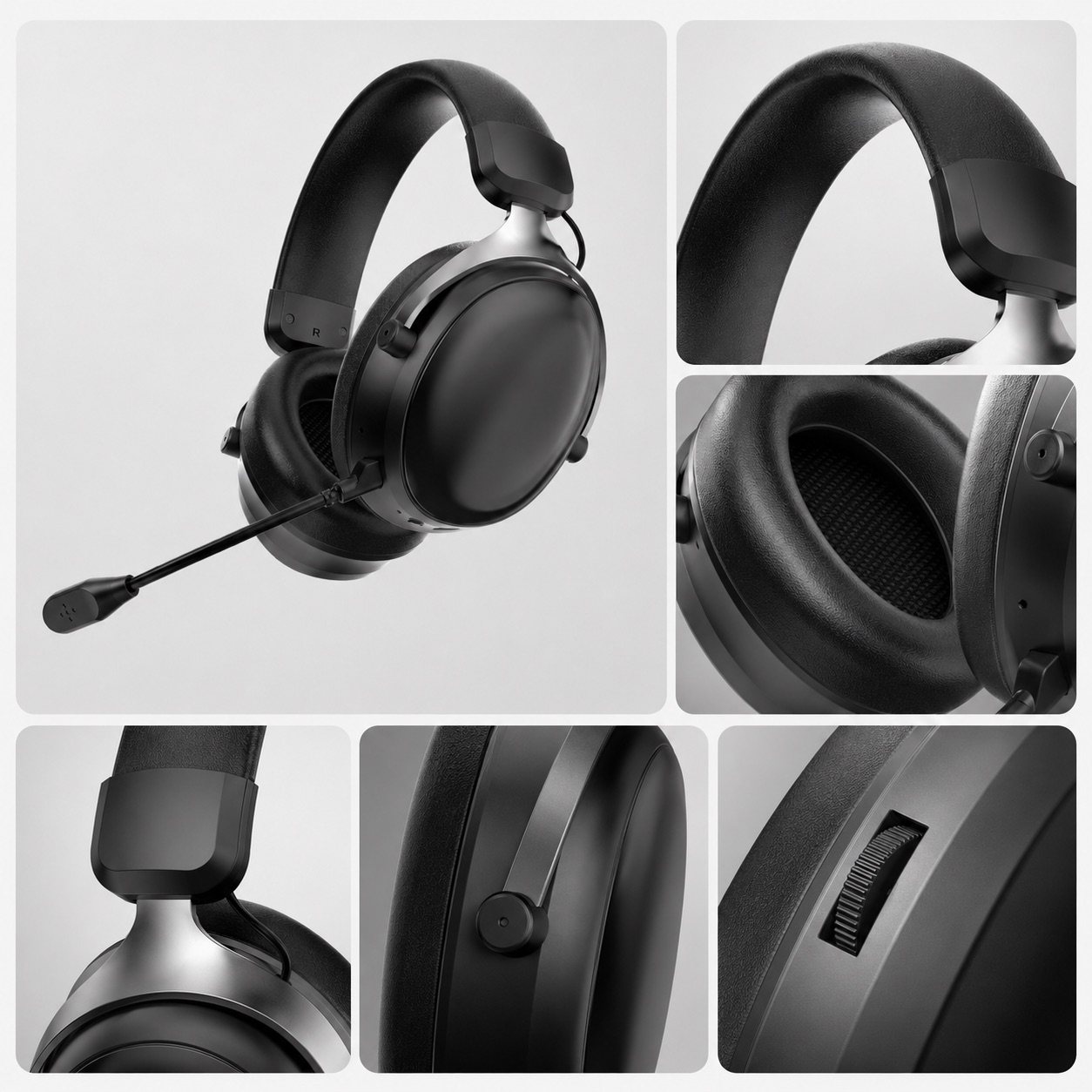 G938 headband, ear cushion, control and adjustment detail collage