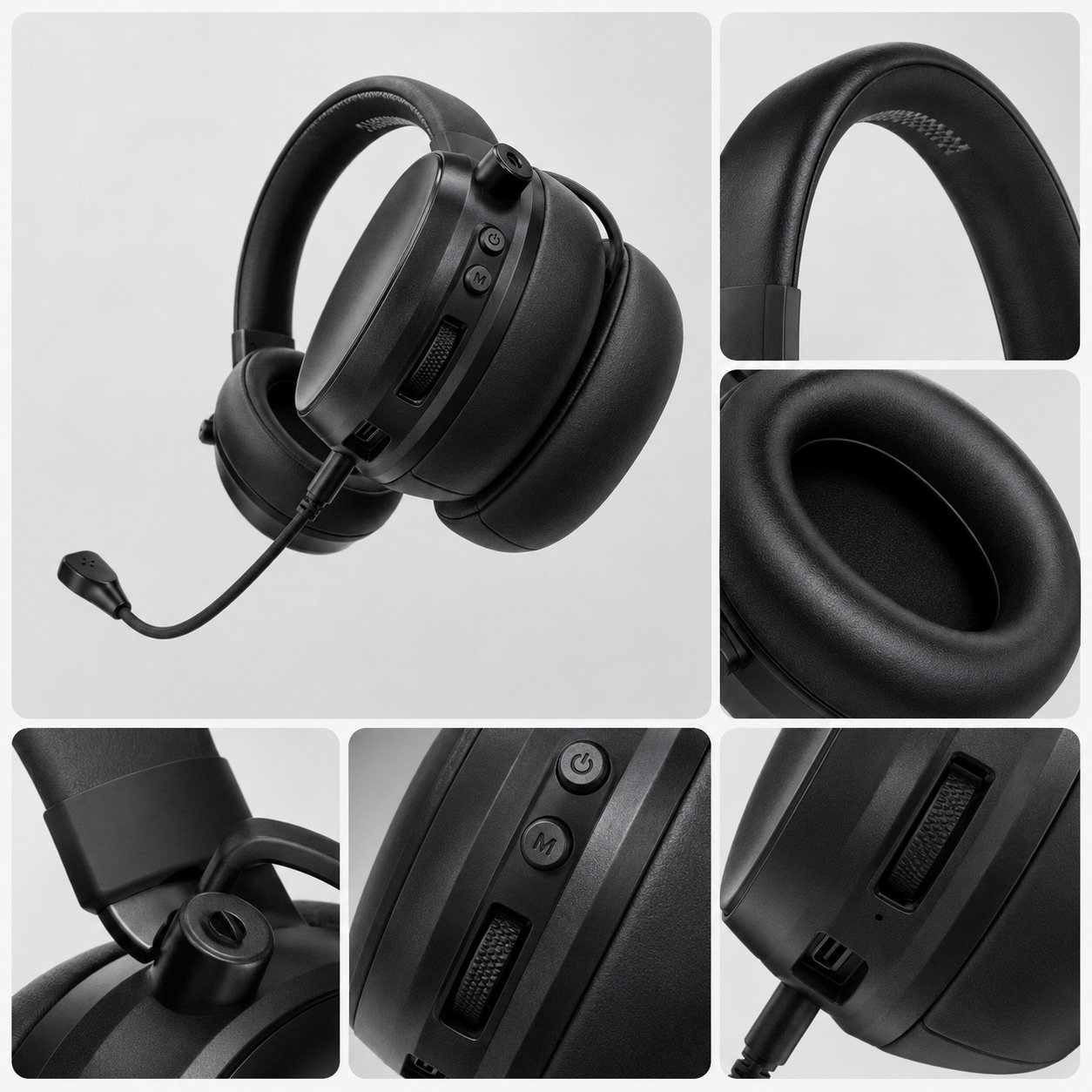 G938 headband underside, ear cushion and control wheel detail collage