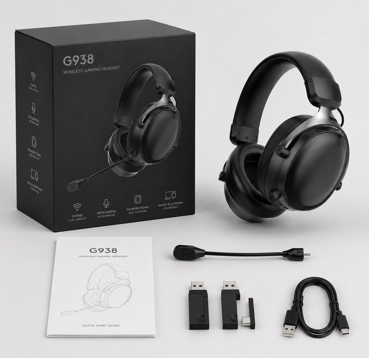 G938 packaging, quick start guide, headset and accessory set