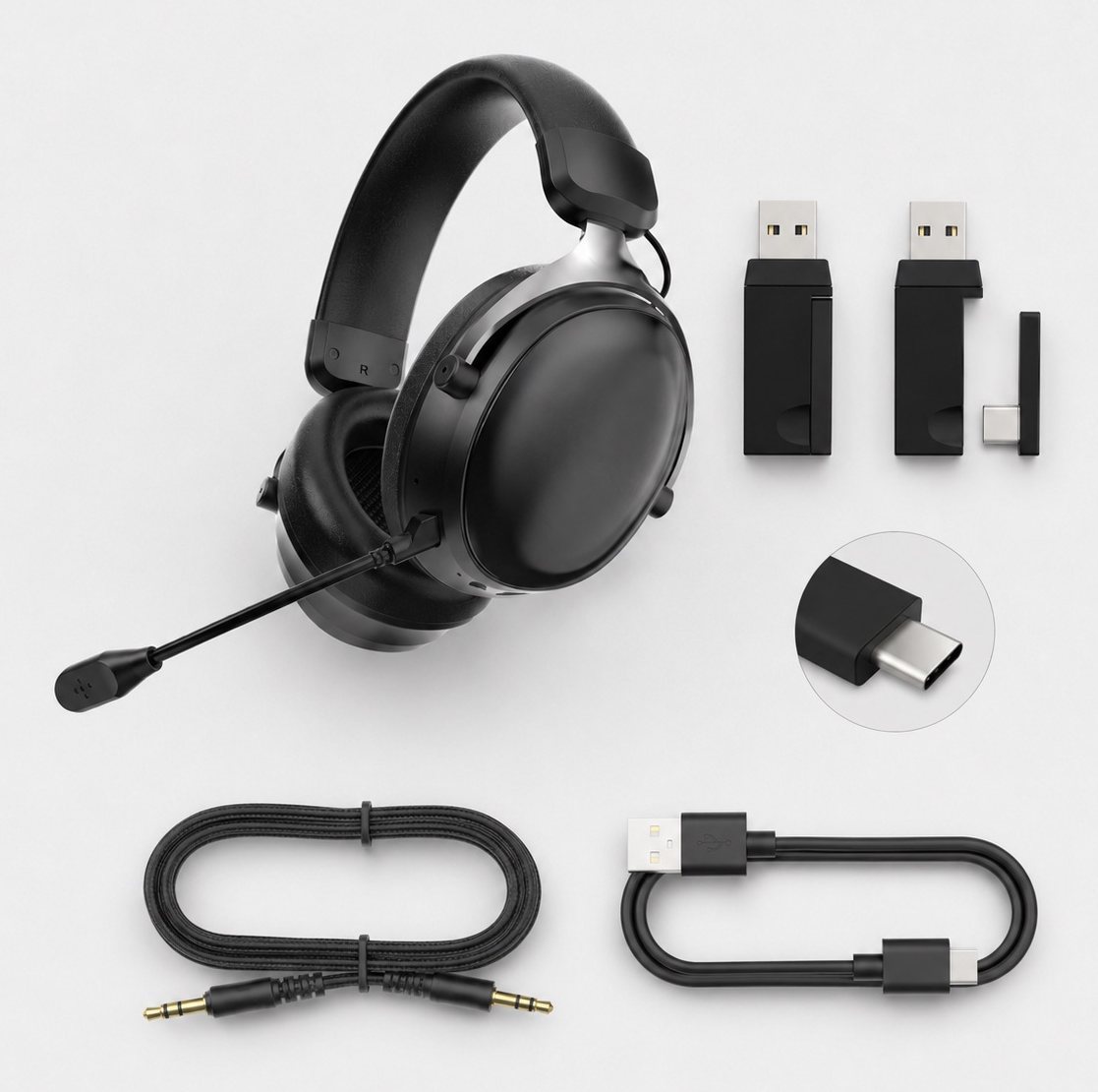 G938 wireless receivers, USB-C adapter, audio cable and charging cable