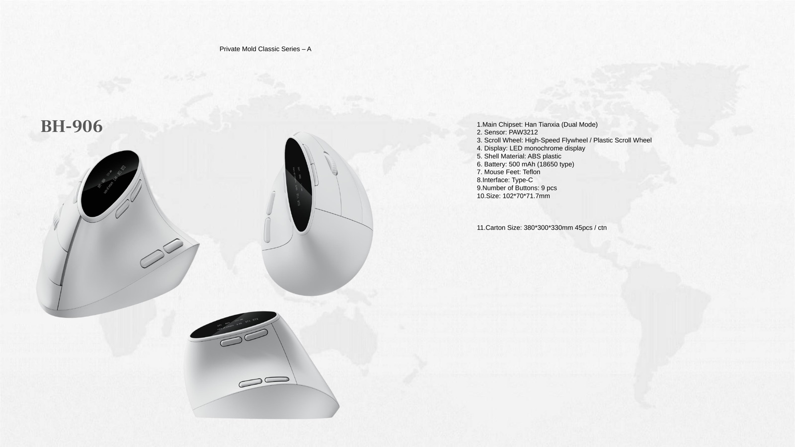 BH-906 Vertical Wireless Mouse PPT reference for private-label mouse sample review