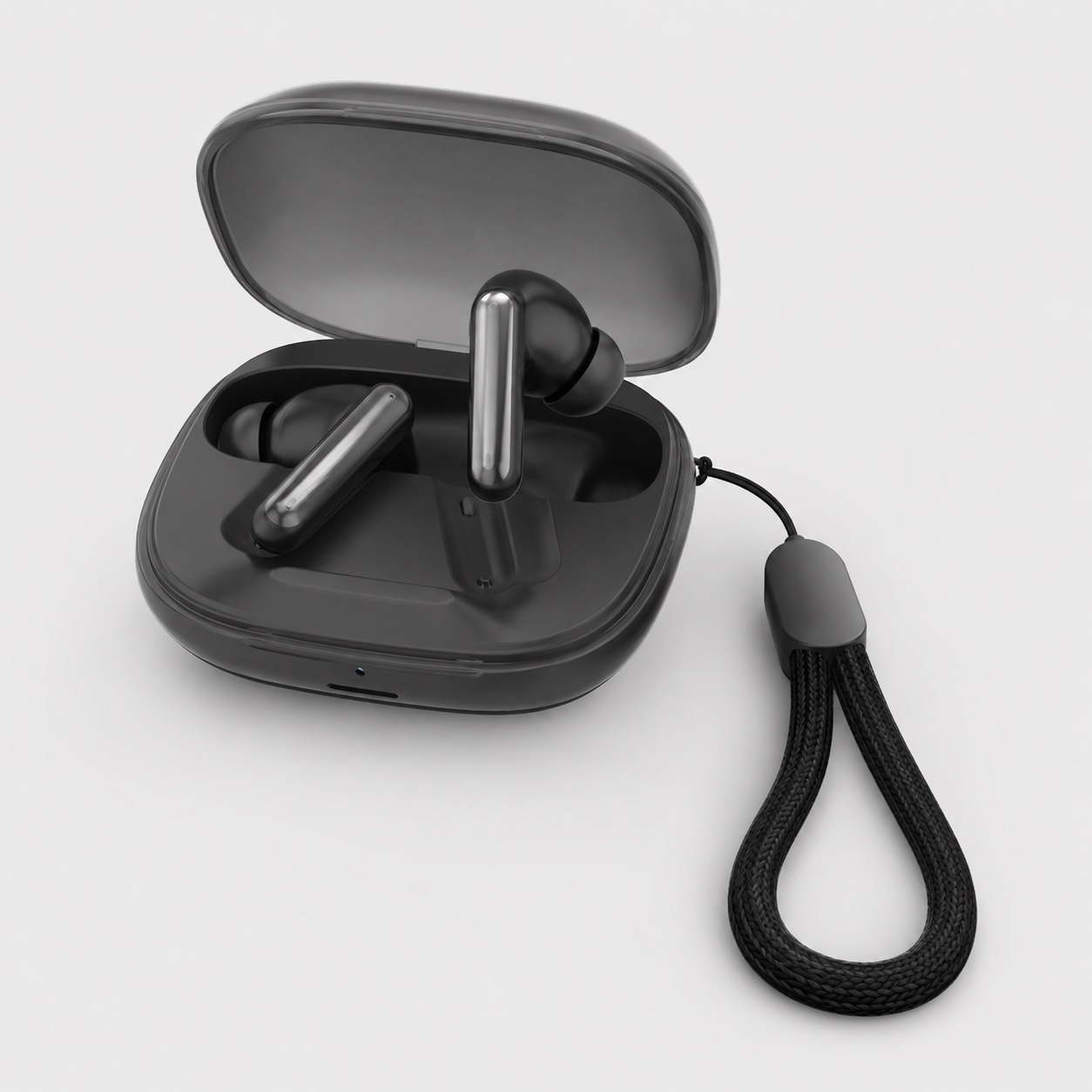 TWS044F in-ear TWS open charging case and strap detail