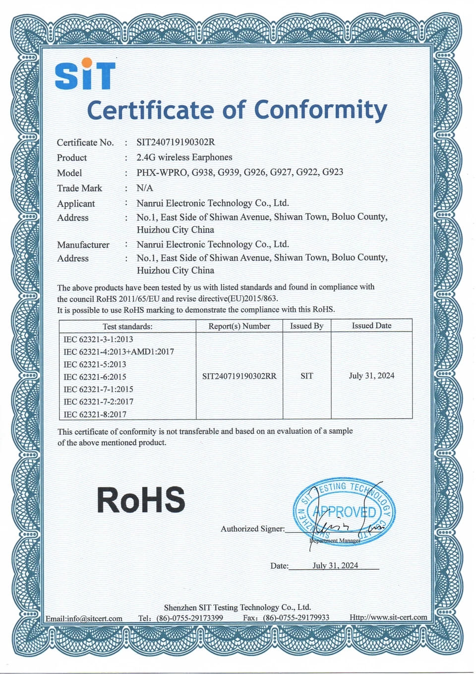 Complete preview of RoHS certificate SIT240719190302R issued to Nanrui Electronic Technology Co., Ltd.