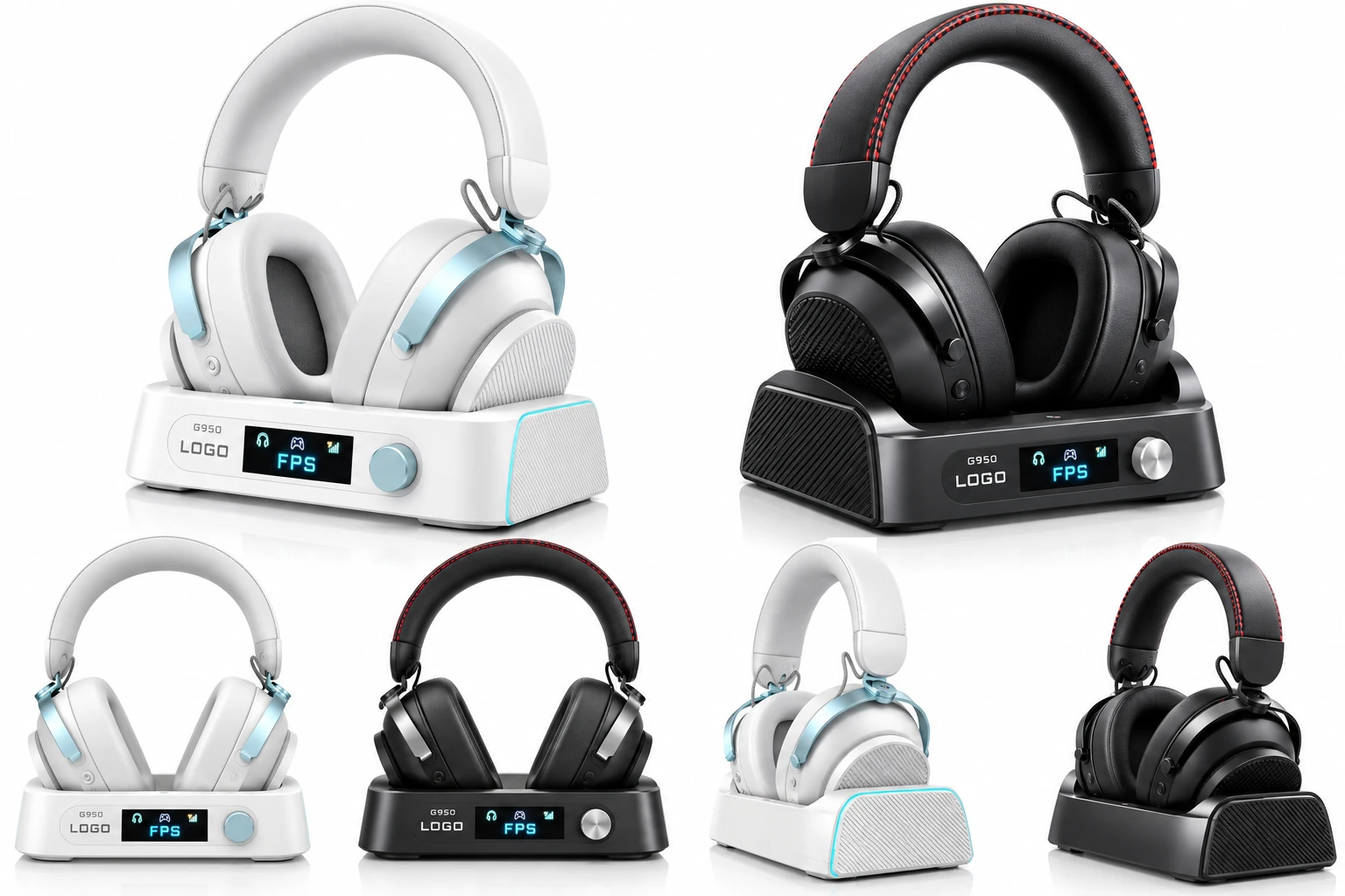 New gaming headset and magnetic charging dock shown in black and white product renderings