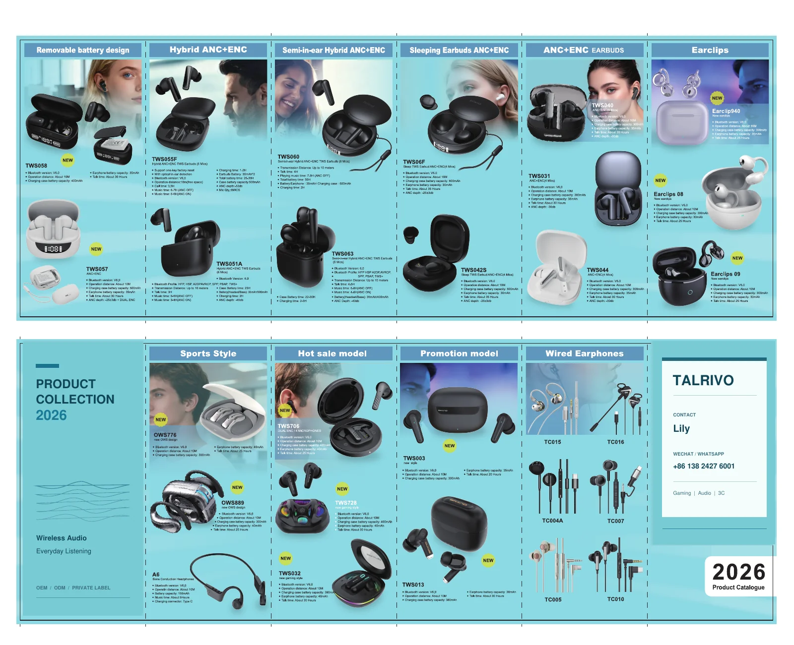 TALRIVO 2026 TWS catalogue with in-ear, open-ear, earclip and other audio model references