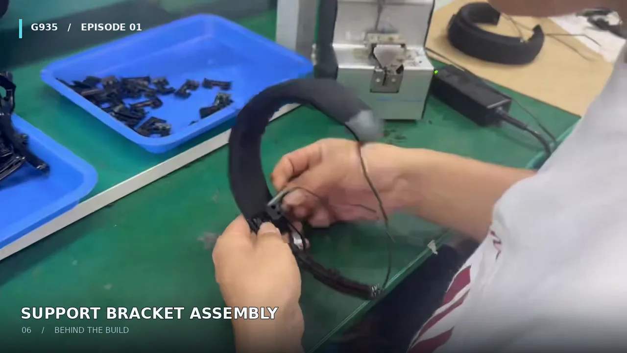 Workshop still from the G935 headband assembly video