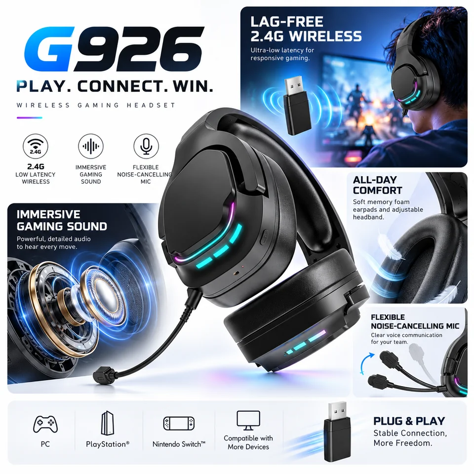 G926 feature presentation combining product, gaming scene, cushion, microphone and illustrative driver views