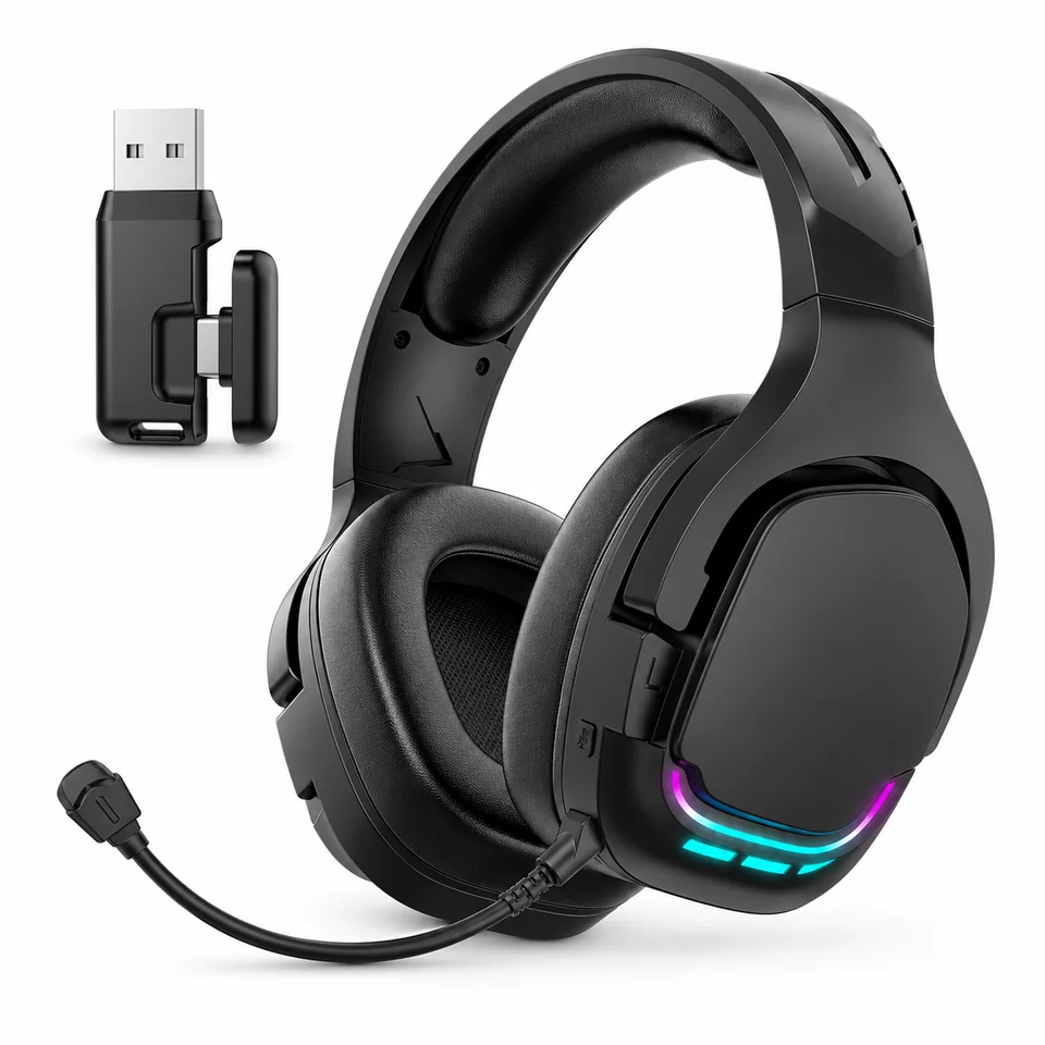 G926 black RGB gaming headset illustration with boom microphone, USB receiver and USB-C adapter reference