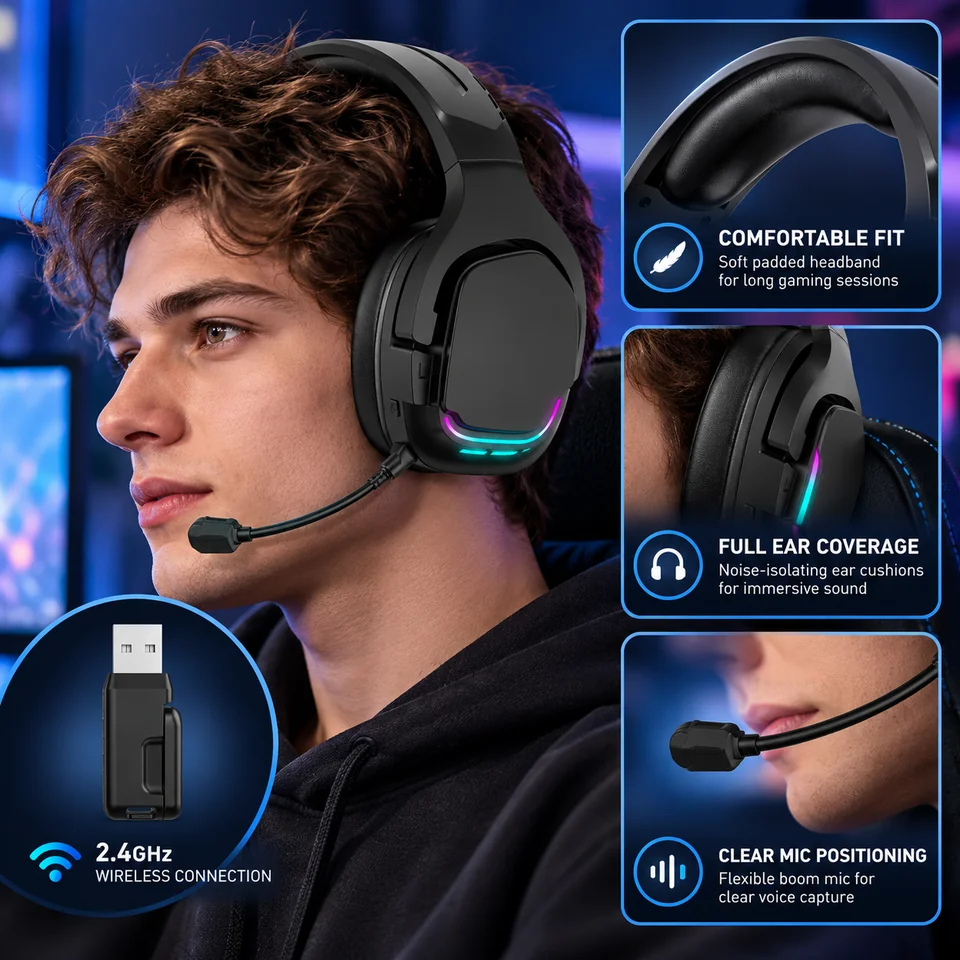 G926 creative wearing illustration showing earcup coverage, padded headband and boom microphone placement