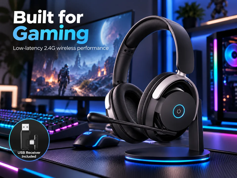 AI-generated gaming desk scene presenting the G940 headset on a display stand with a USB receiver inset