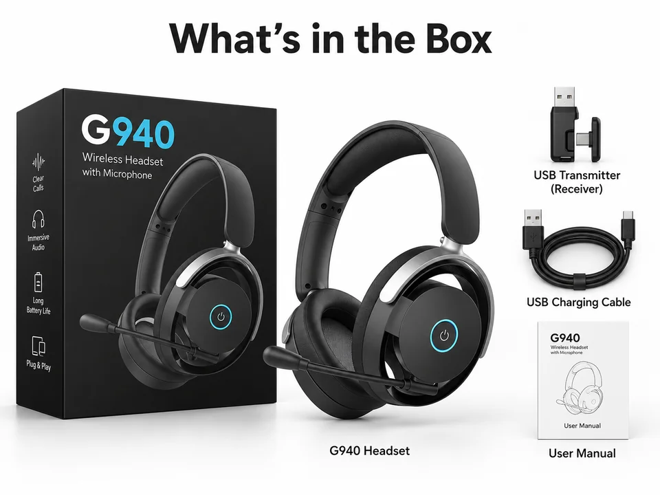 G940 packaging illustration showing the headset, USB receiver, USB-C charging cable and user manual