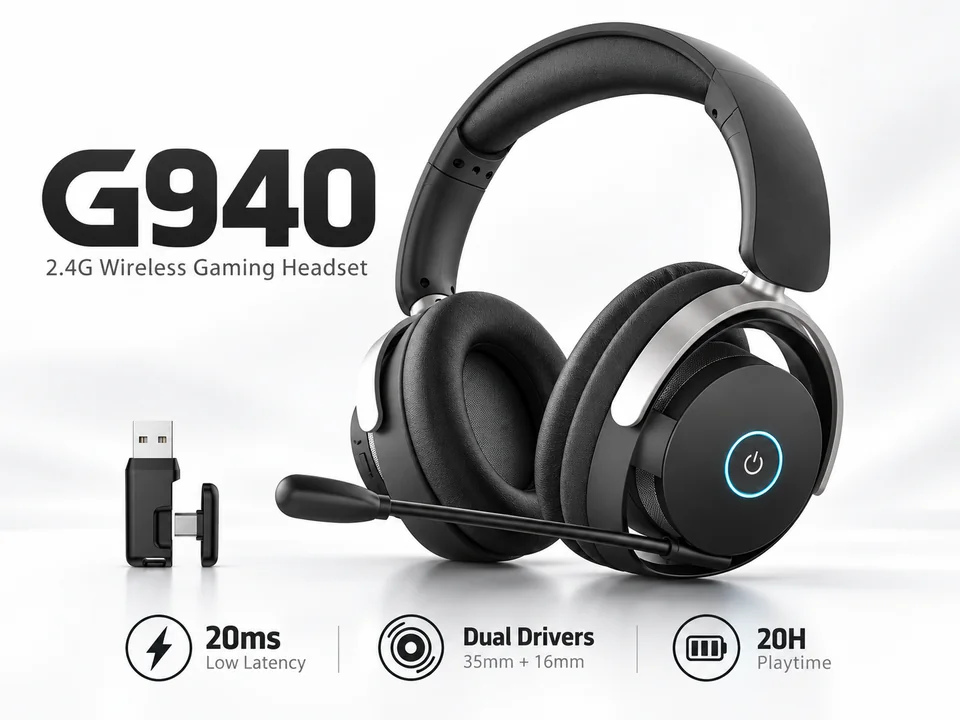 G940 product illustration showing the black headset, silver earcup brackets, boom microphone and USB receiver