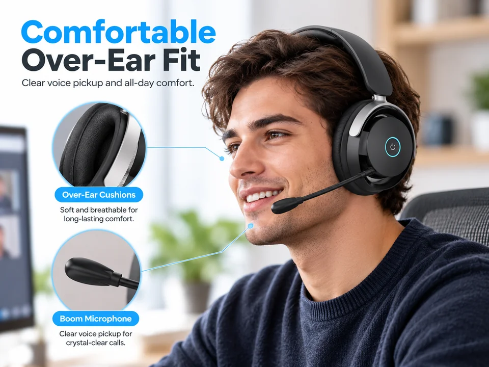AI-generated G940 wearing illustration with ear cushion and boom microphone detail insets