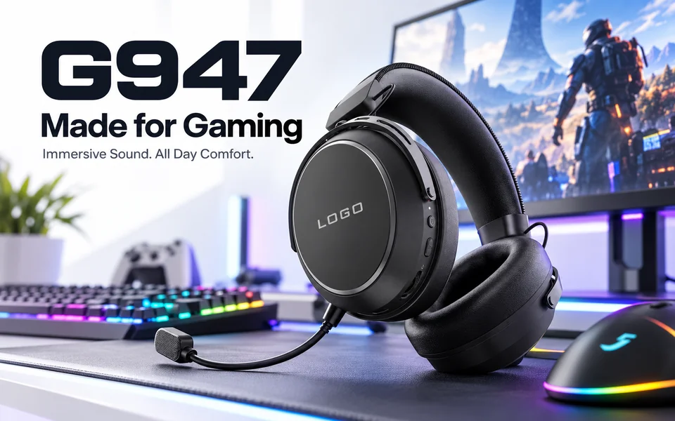 AI-generated gaming desk illustration presenting the G947 headset beside a keyboard and monitor