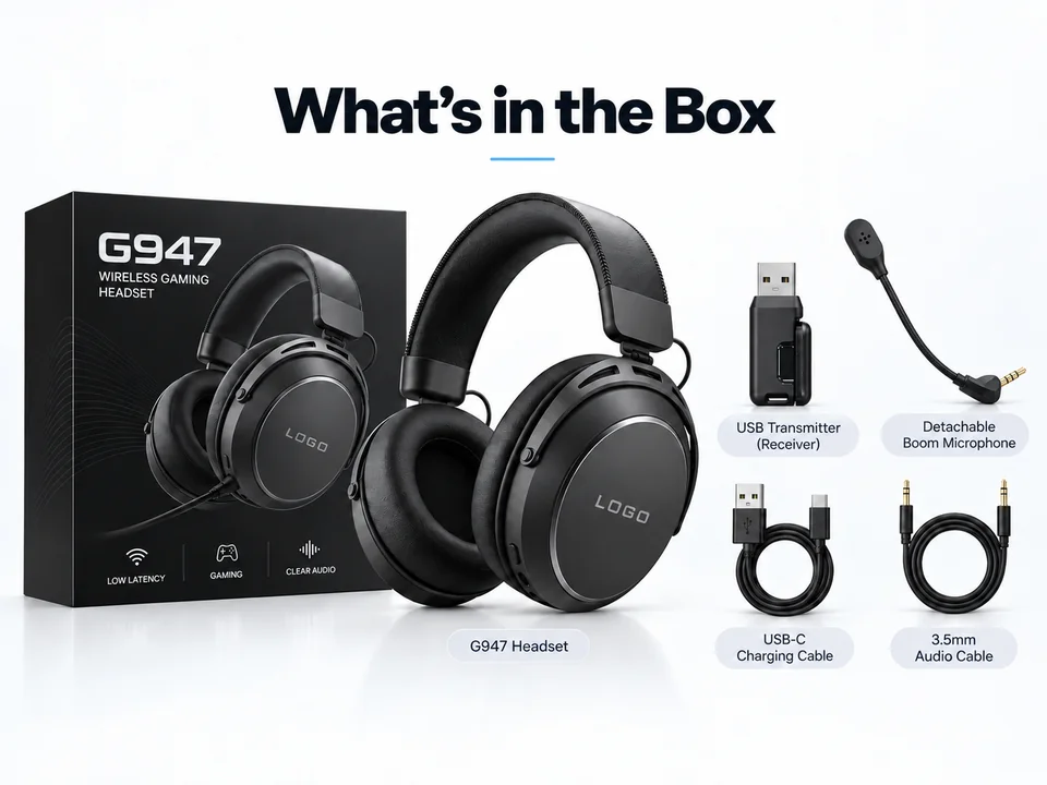 G947 packaging illustration showing the headset, USB receiver, detachable boom microphone, USB-C charging cable and 3.5mm audio cable
