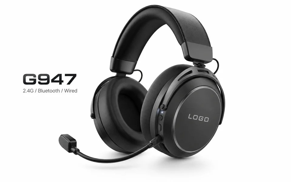 Supplied G947 product illustration with black over-ear housing, boom microphone and tri-mode label