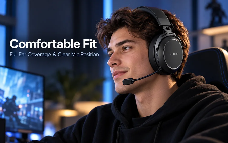 AI-generated wearing illustration showing G947-style earcup coverage and boom microphone position