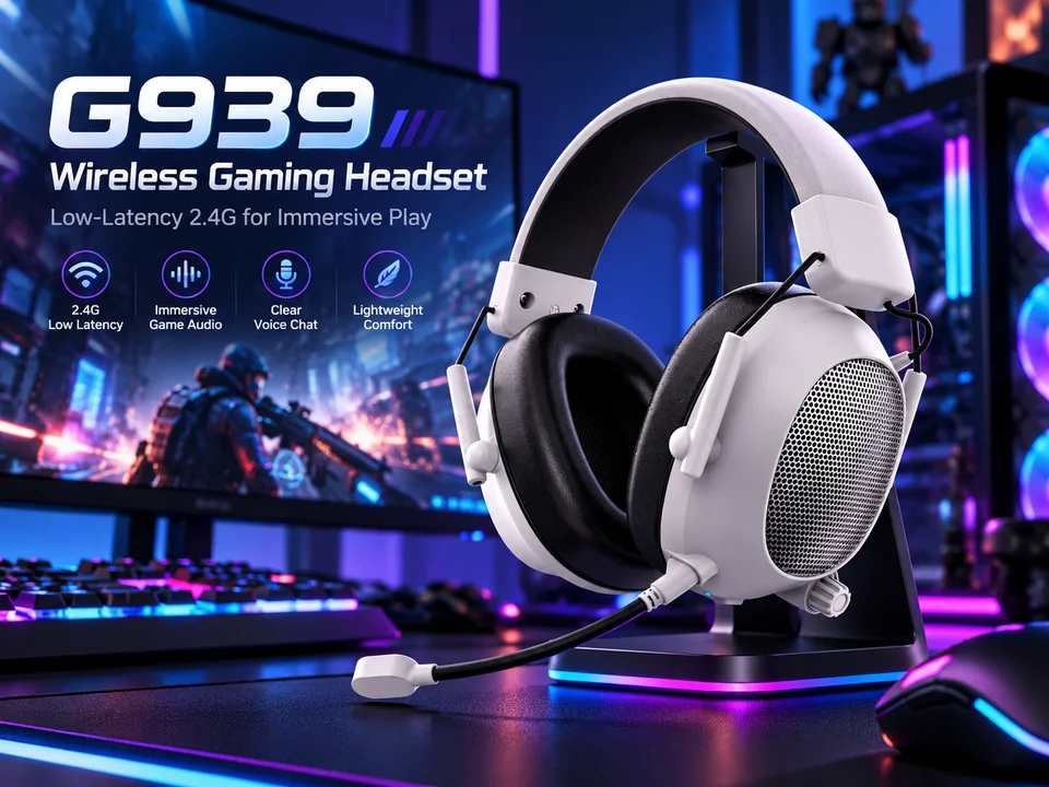 G939 white wireless gaming headset illustrated on a PC gaming desk