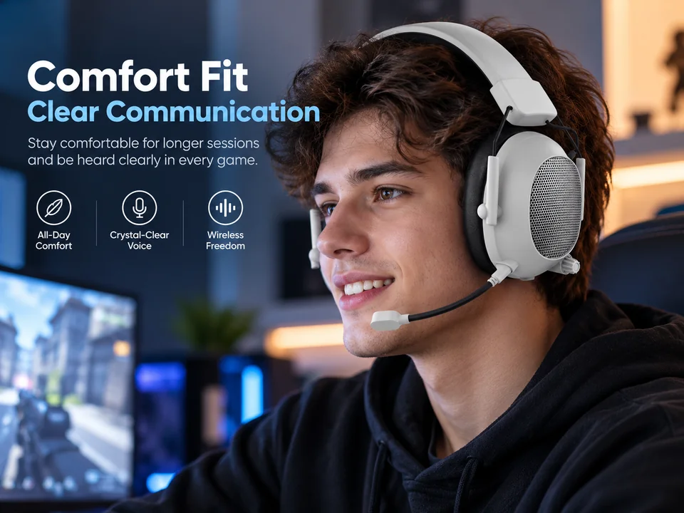 Illustrated wearer showing G939 ear coverage and boom microphone position