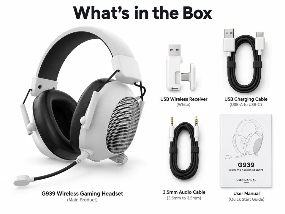 G939 pictured accessory set with USB receiver, adapter, charging cable, audio cable and manual